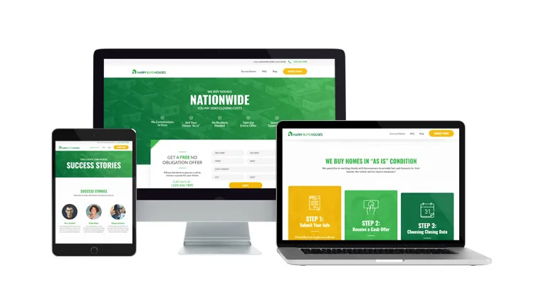Harry Buys Houses website on desktop, laptop, and tablet