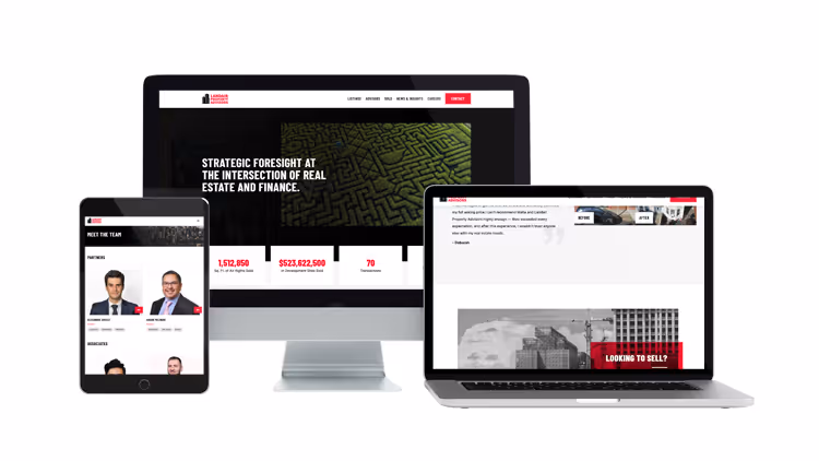 Landair Real Estate website on desktop, laptop, and tablet