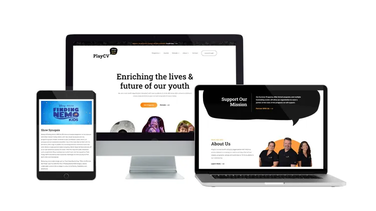 PlayCV website on desktop, laptop, and tablet