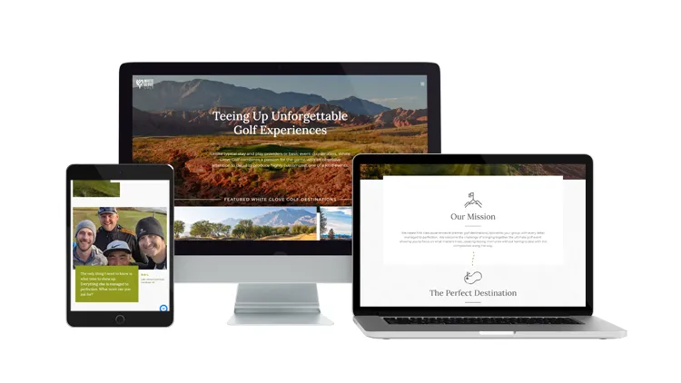 White Glove Golf website on desktop, laptop, and tablet