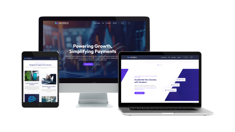 Vendara Payments website on desktop, laptop, and tablet